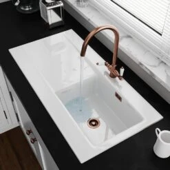 Astini Desire 100 1 Bowl White Ceramic Kitchen Sink, Copper Waste & Colonial Tap -Household Goods Shop astini desire 100 1 bowl white ceramic kitchen sink copper waste colonial tap p63518 283227 image