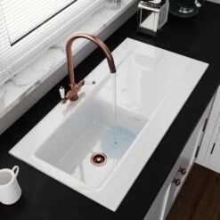 Astini Desire 100 1 Bowl White Ceramic Kitchen Sink, Copper Waste & Colonial Tap