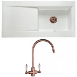 Astini Desire 100 1 Bowl White Ceramic Kitchen Sink, Copper Waste & Colonial Tap -Household Goods Shop astini desire 100 1 bowl white ceramic kitchen sink copper waste colonial tap p63518 285085 image