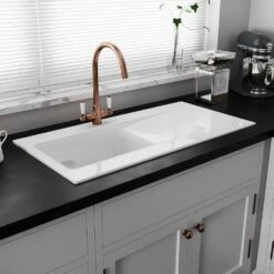 Astini Desire 100 1 Bowl White Ceramic Kitchen Sink, Copper Waste & Colonial Tap -Household Goods Shop astini desire 100 1 bowl white ceramic kitchen sink copper waste colonial tap p63518 285086 image