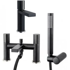 Astini Ibis Matt Black Mono Bathroom Basin & Bath Shower Mixer Tap Pack Set