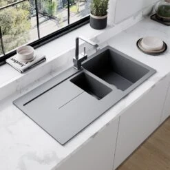 Astini Quadro 1.5 Bowl Granite Croma Grey Kitchen Sink & Cosmo 5E Tap