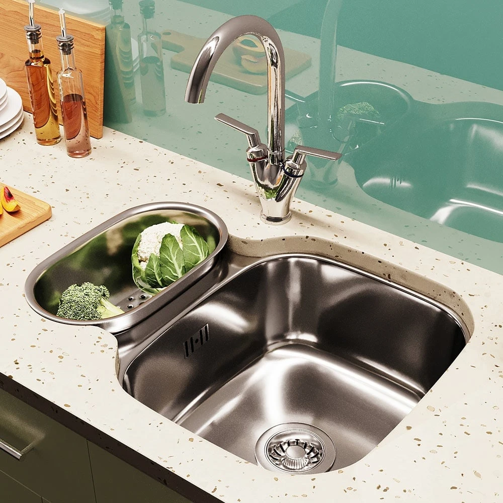 Astini Renzo 1.5 Bowl Brushed Stainless Steel Undermount Reversible Kitchen Sink, Waste & Colander 3 Astini Renzo 1.5 Bowl Brushed Stainless Steel Undermount Reversible Kitchen Sink, Waste & Colander - Image 3