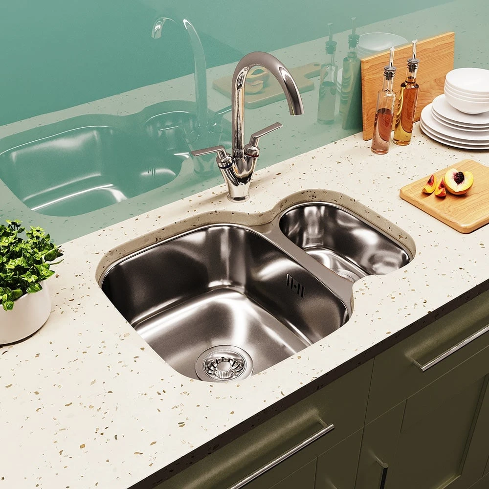 Astini Renzo 1.5 Bowl Brushed Stainless Steel Undermount Reversible Kitchen Sink, Waste & Colander 6 Astini Renzo 1.5 Bowl Brushed Stainless Steel Undermount Reversible Kitchen Sink, Waste & Colander - Image 6