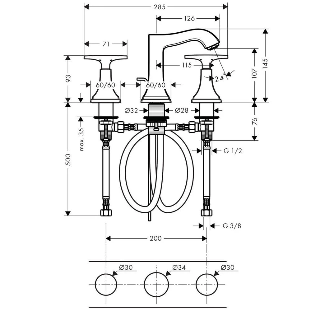 Hansgrohe Metropol Classic Chrome 3-Hole Basin Mixer Tap 110 With Pop-Up Waste 2 Hansgrohe Metropol Classic Chrome 3-Hole Basin Mixer Tap 110 With Pop-Up Waste - Image 2