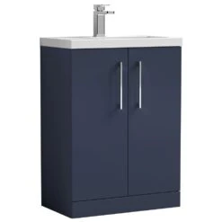 Nuie Arno Compact Electric Blue 600mm Floor Stading 2-Door Vanity Unit & Polymarble Basin