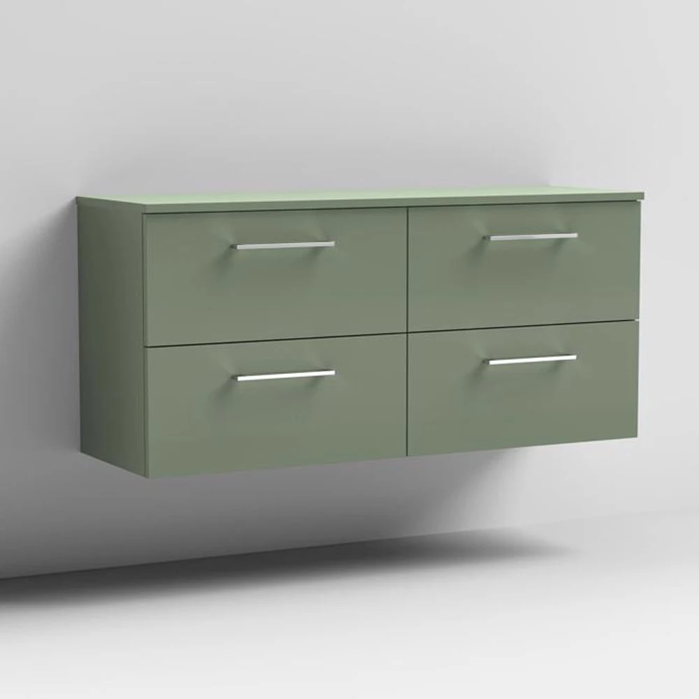 Nuie Arno Satin Green 1200 Wall Hung 4-Drawer Vanity Unit & Worktop 2 Nuie Arno Satin Green 1200 Wall Hung 4-Drawer Vanity Unit & Worktop - Image 2