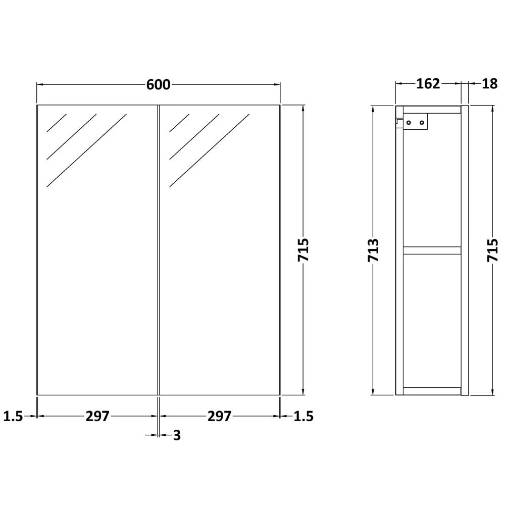 Nuie Athena Gloss Grey 600mm Mirror Unit 50/50 MOC323 2 Nuie Athena Gloss Grey 600mm Mirror Unit 50/50 MOC323 - Image 2