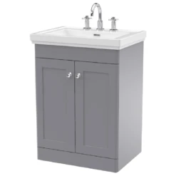 Nuie Classique Satin Grey 600 Floor Standing 2-Door Vanity Unit & 3TH Basin