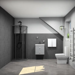 Nuie Complete Bathroom Set, Block Satin Grey Unit, Toilet & Shower Enclosure