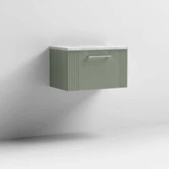 Nuie Deco Satin Reed Green 600mm Wall Hung Single Drawer Vanity Unit & Laminate Top -Household Goods Shop nuie deco satin reed green 600mm wall hung single drawer vanity unit laminate top p62553 270594 image