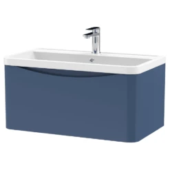 Nuie Lunar Satin Blue 800 Wall Hung 1-Drawer Vanity Unit & Basin