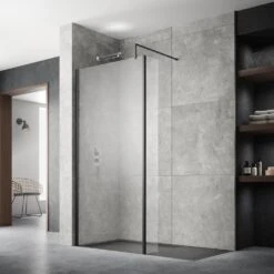 Nuie Matt Black Wetroom Shower Screen With Support Bar 700mm - WRSCBP070