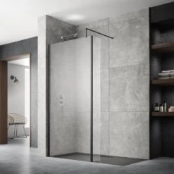 Nuie Matt Black Wetroom Shower Screen With Support Bar 760mm - WRSCBP076