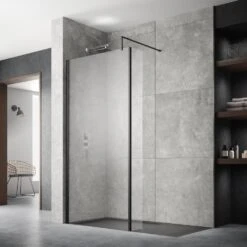 Nuie Matt Black Wetroom Shower Screen With Support Bar 800mm - WRSCBP080