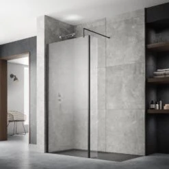 Nuie Matt Black Wetroom Shower Screen With Support Bar 900mm - WRSCBP090