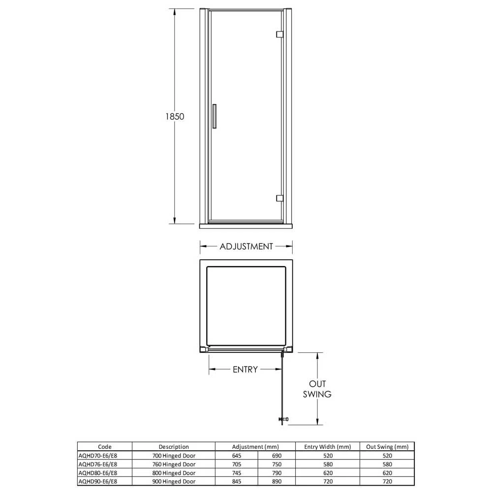 Nuie Pacific Hinged Shower Door With Handle 800mm - AQHD80H3 3 Nuie Pacific Hinged Shower Door With Handle 800mm - AQHD80H3 - Image 3