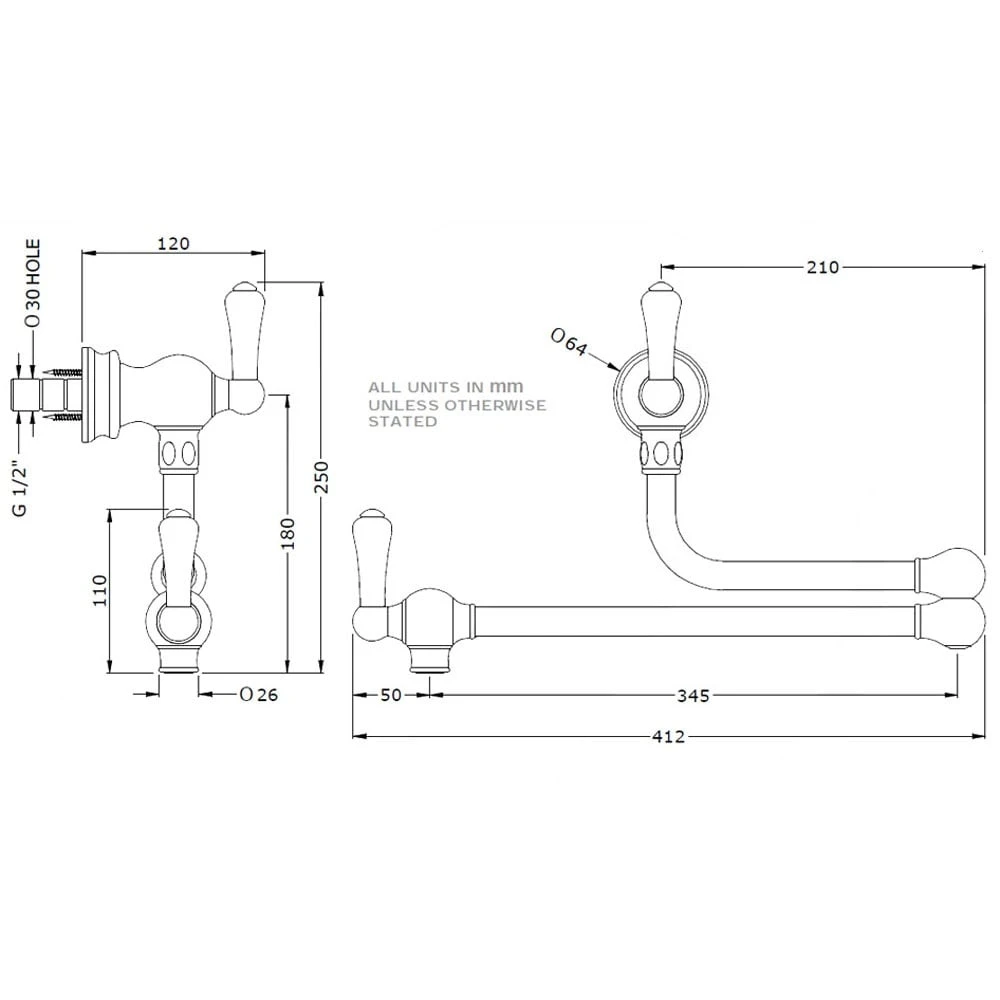 Perrin & Rowe Pot Filler Dual Lever Aged Brass Wall Mounted Sink Mixer Tap 4799AB 2 Perrin & Rowe Pot Filler Dual Lever Aged Brass Wall Mounted Sink Mixer Tap 4799AB - Image 2