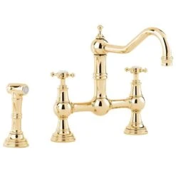 Perrin & Rowe Provence Cross Handle Gold Kitchen Sink Bridge Tap & Rinse 4755IG