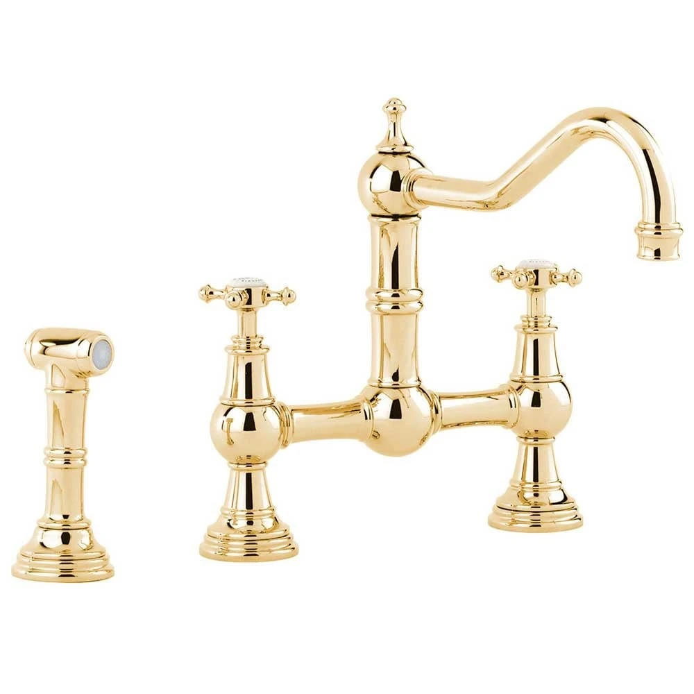 Perrin & Rowe Provence Cross Handle Gold Kitchen Sink Bridge Tap & Rinse 4755IG 1 Perrin & Rowe Provence Cross Handle Gold Kitchen Sink Bridge Tap & Rinse 4755IG