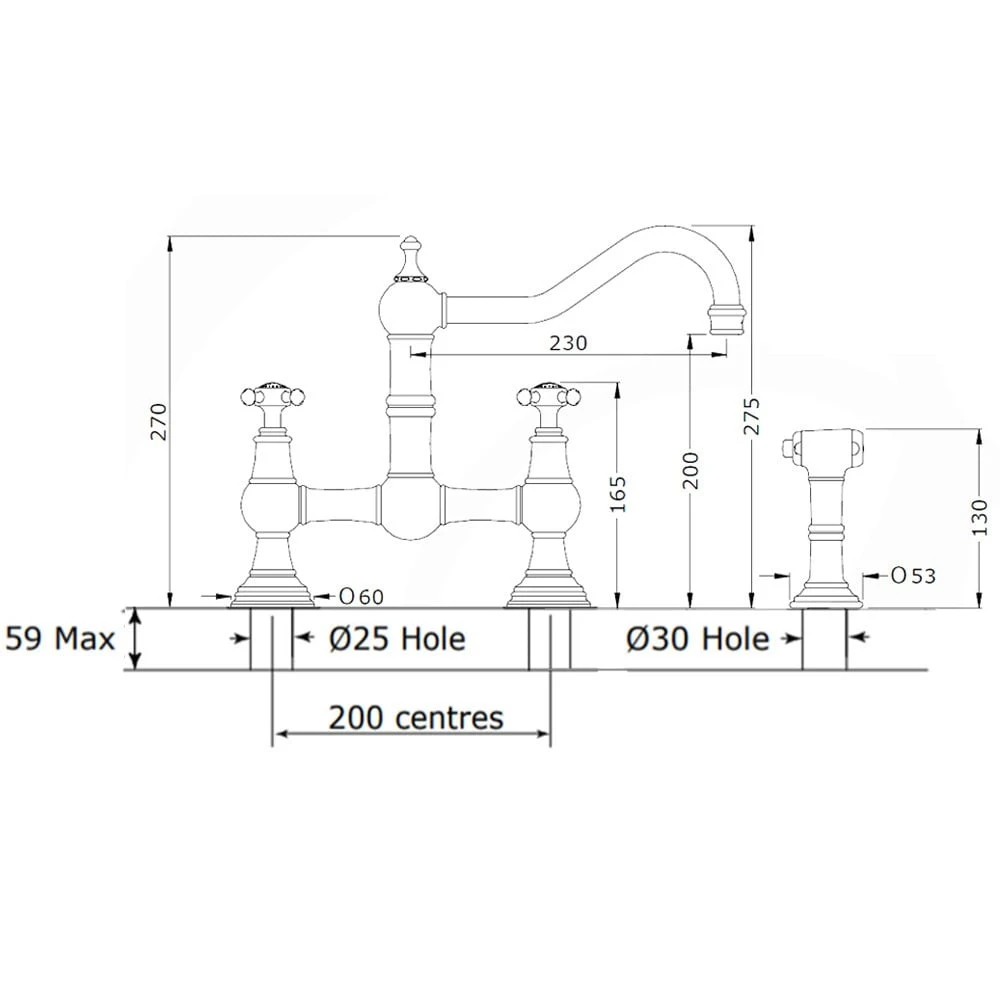 Perrin & Rowe Provence Cross Handle Gold Kitchen Sink Bridge Tap & Rinse 4755IG 2 Perrin & Rowe Provence Cross Handle Gold Kitchen Sink Bridge Tap & Rinse 4755IG - Image 2