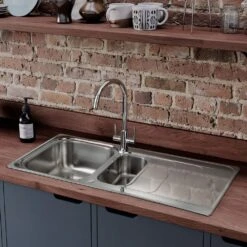 Rangemaster Houston 1.5 Bowl Brushed Stainless Steel Kitchen Sink & Waste -Household Goods Shop rangemaster houston 1 5 bowl brushed stainless steel kitchen sink waste p26491 229330 image