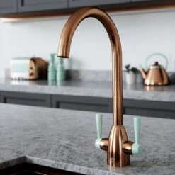 Vibrance Twin Lever Brushed Copper & Peppermint Kitchen Mixer Tap