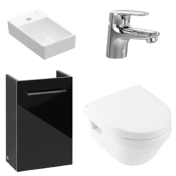 Villeroy & Boch Avento Crystal Black 350 Wall Hung Vanity Unit, Basin & Onovo Chrome Mini Mixer With Wall Hung Toilet Combi Pack