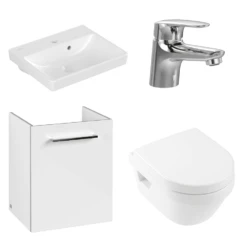 Villeroy & Boch Avento Crystal White 450 Wall Hung Vanity Unit, Basin & Onovo Chrome Mini Mixer With Wall Hung Toilet Combi Pack